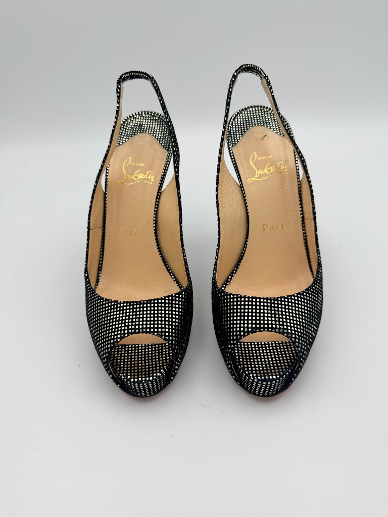 Christian Louboutin Prive 120 Pumps Black Suede Silver Slingback Shoes 37.5